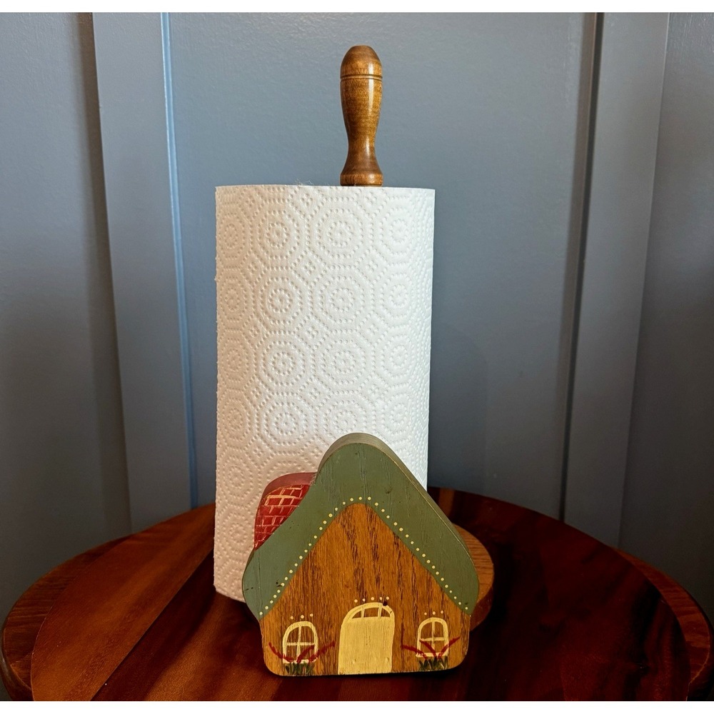 Vintage Oak Paper Towel Holder Hand Painted Cottage House Country Kitchen Granny